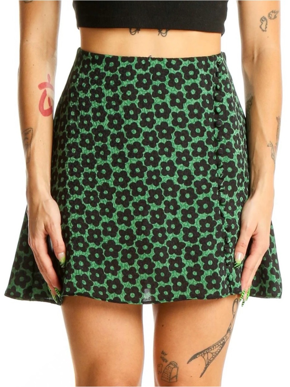 NWT Urban Outfitters Black & Green Floral Skater Skirt Size SP